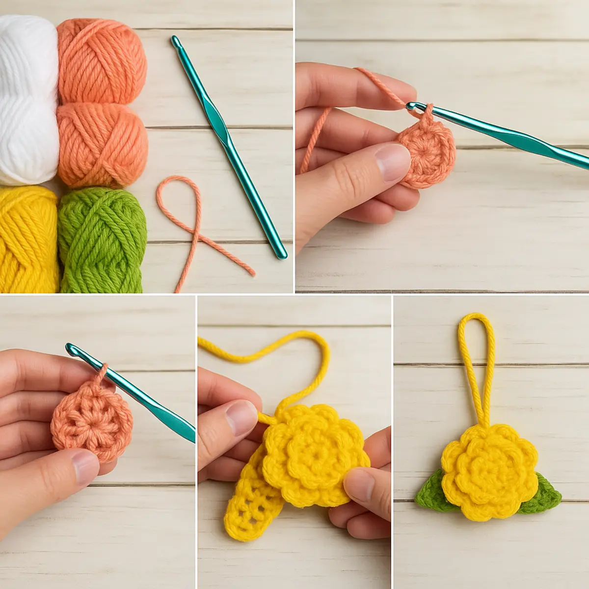 step-by-step crochet flower keychain process