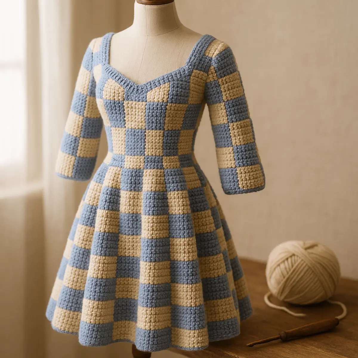Periwinkle Blue Checkered Crochet Dress Free Pattern