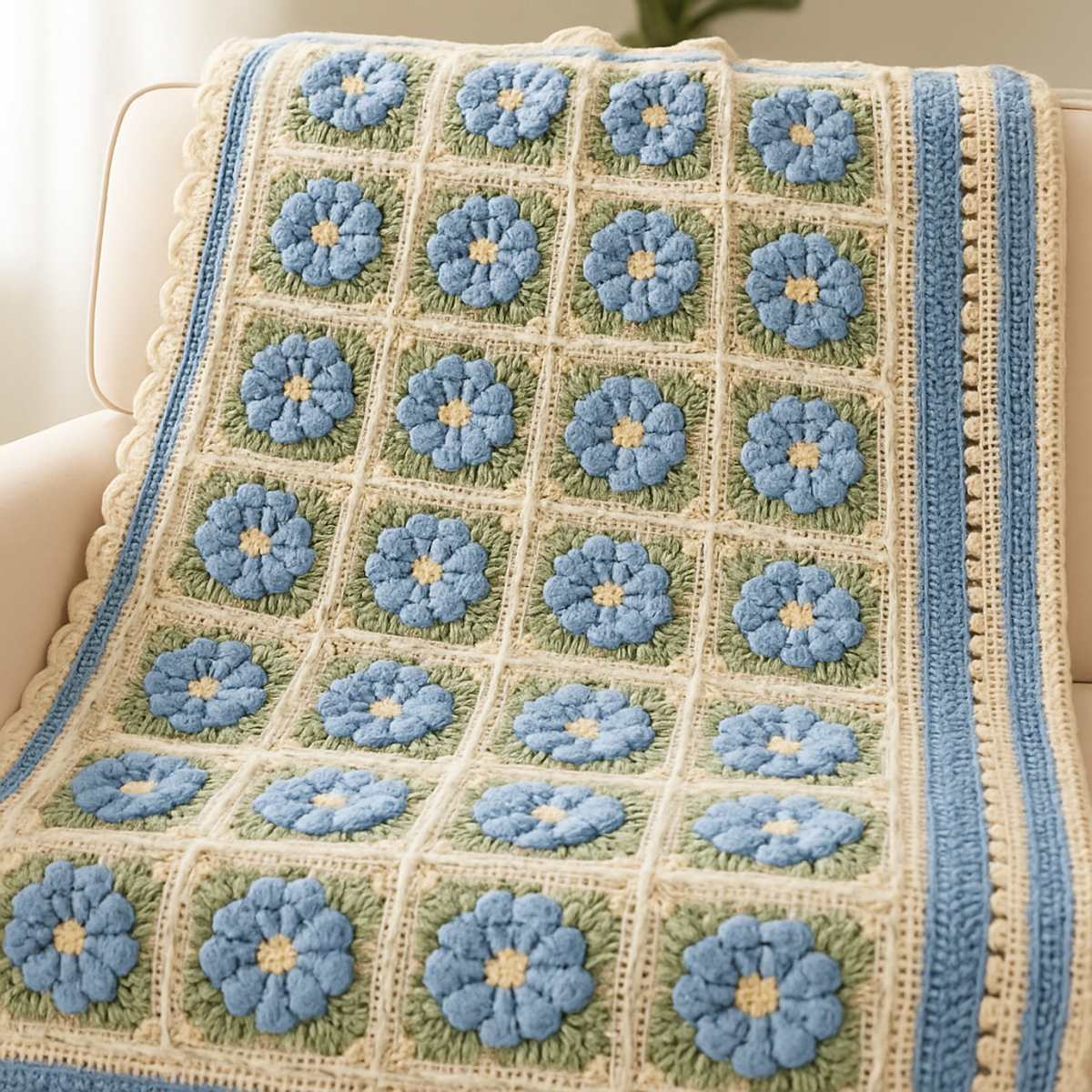 3D Blue Flower Granny Square Blanket: Cozy Crochet Delight