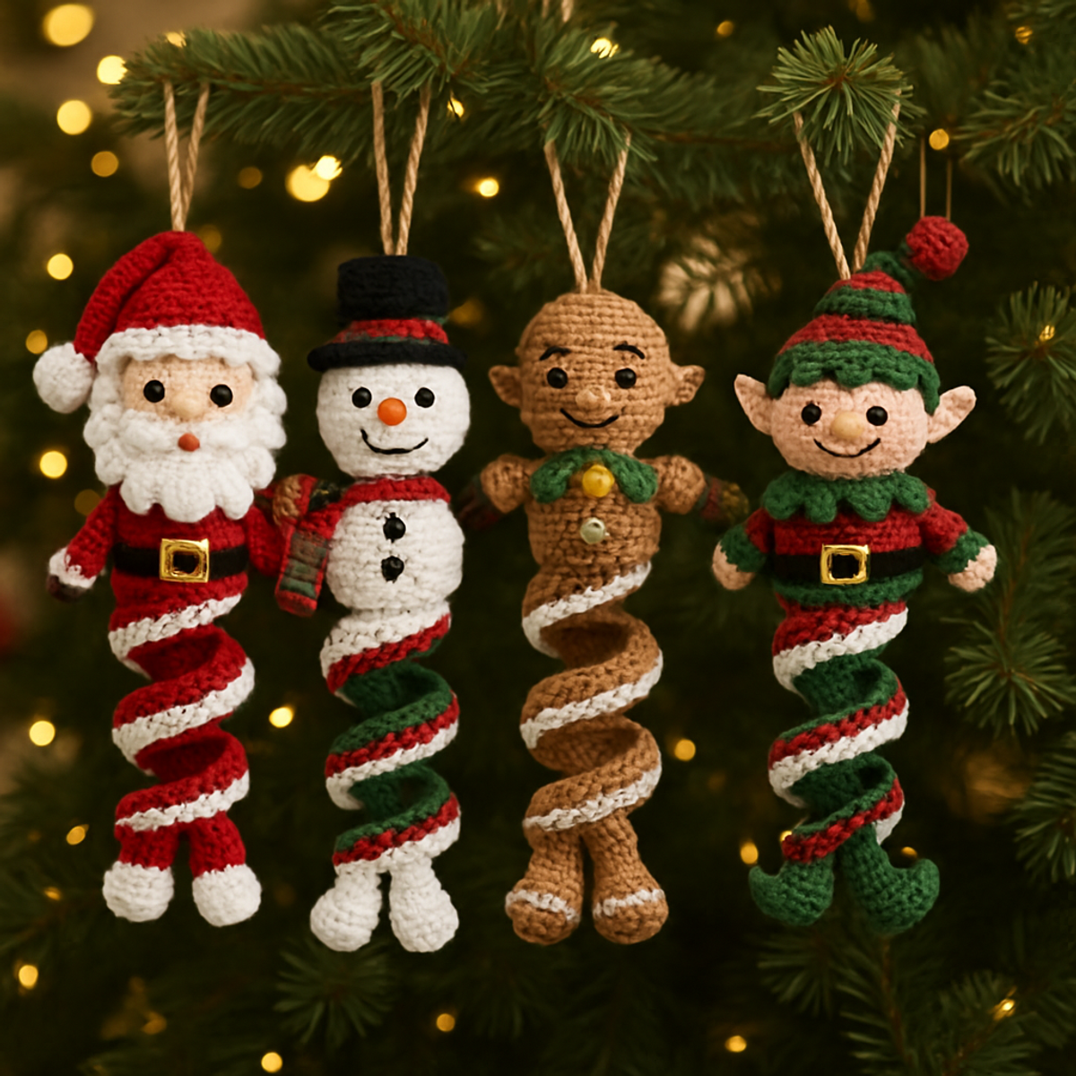 Cozy Christmas Character Spiral Ornaments — Set of 4