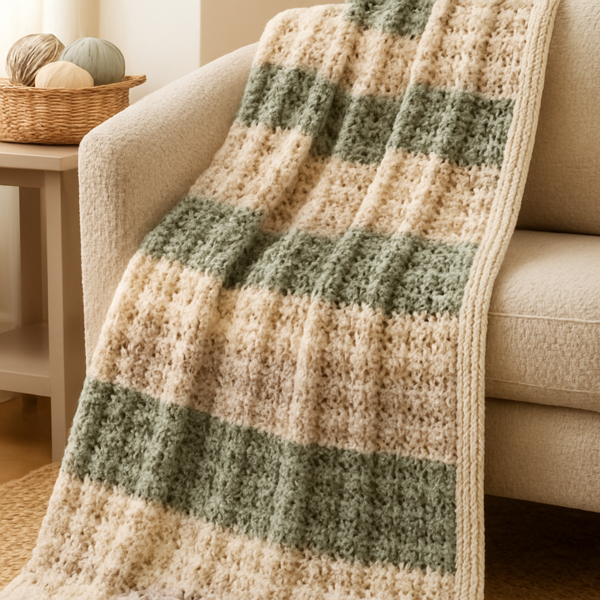 Cozy Cream & Sage Textured Stripe Throw Crochet Pattern