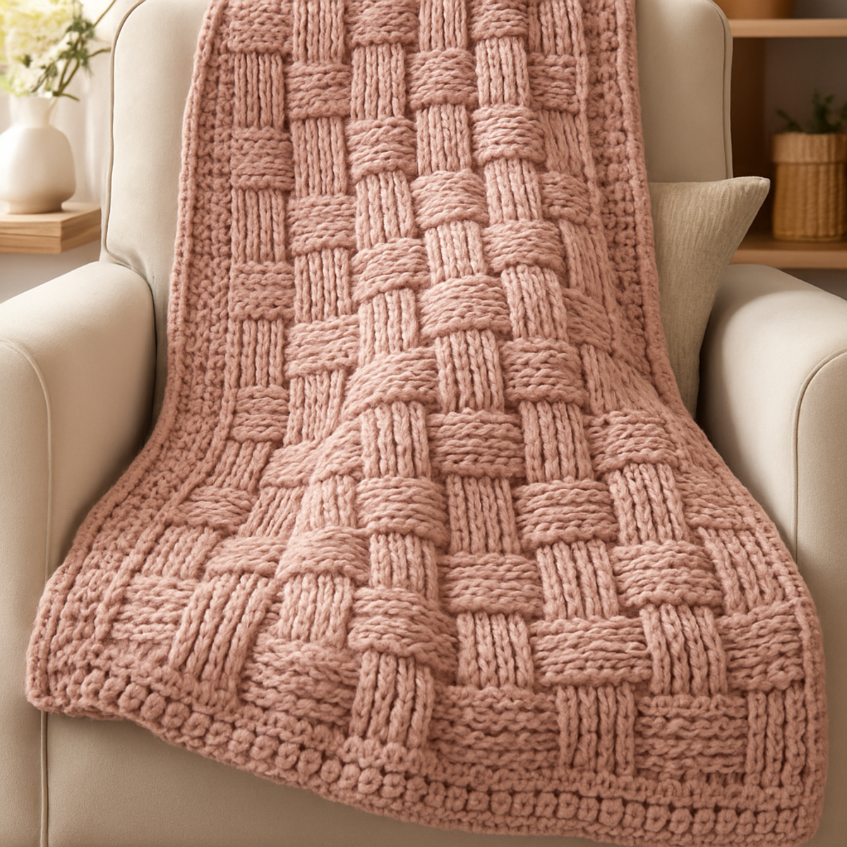 Cozy Dusty Rose Basketweave Crochet Throw Pattern