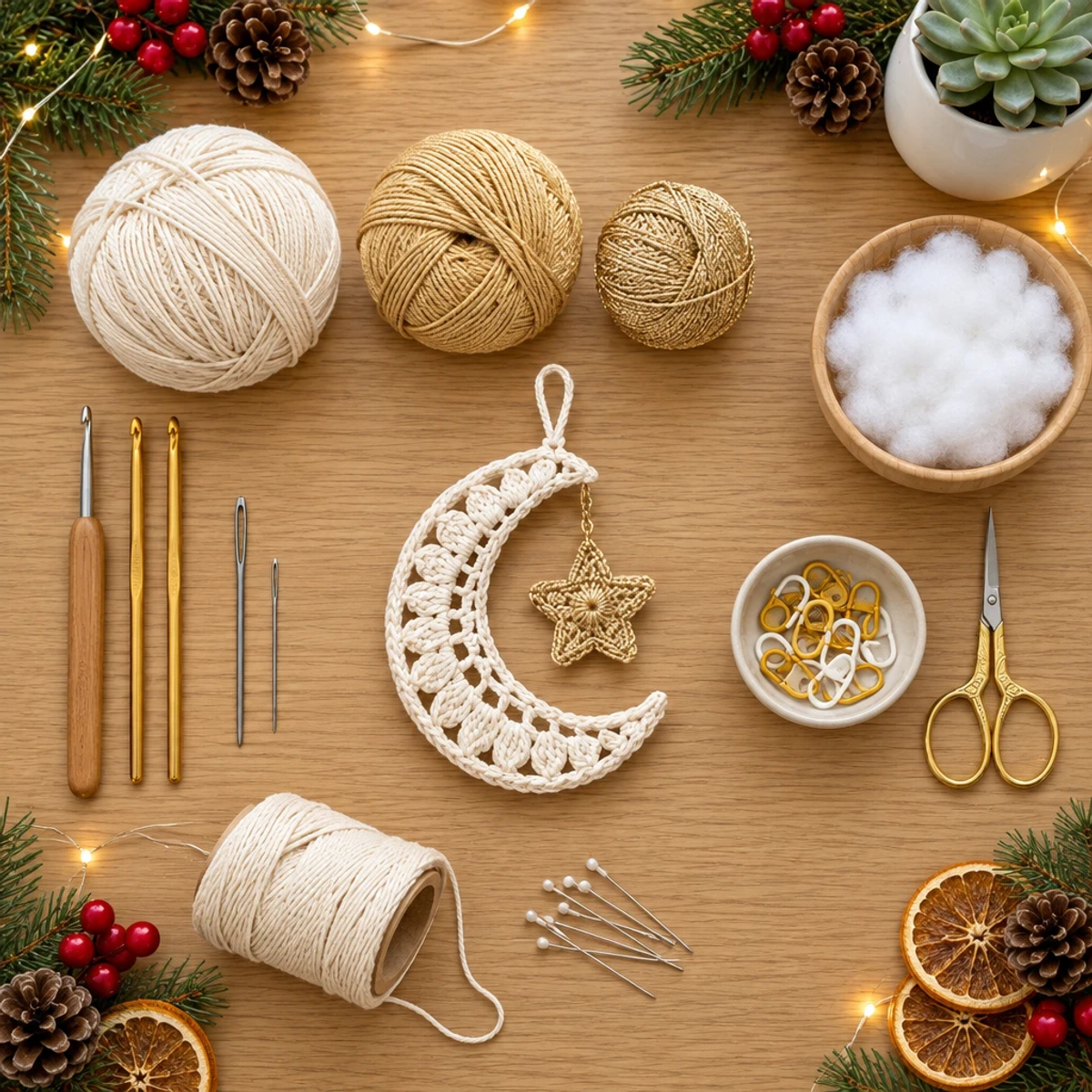 Crochet Crescent Moon and Golden Star Christmas Ornament Tutorial article image 2