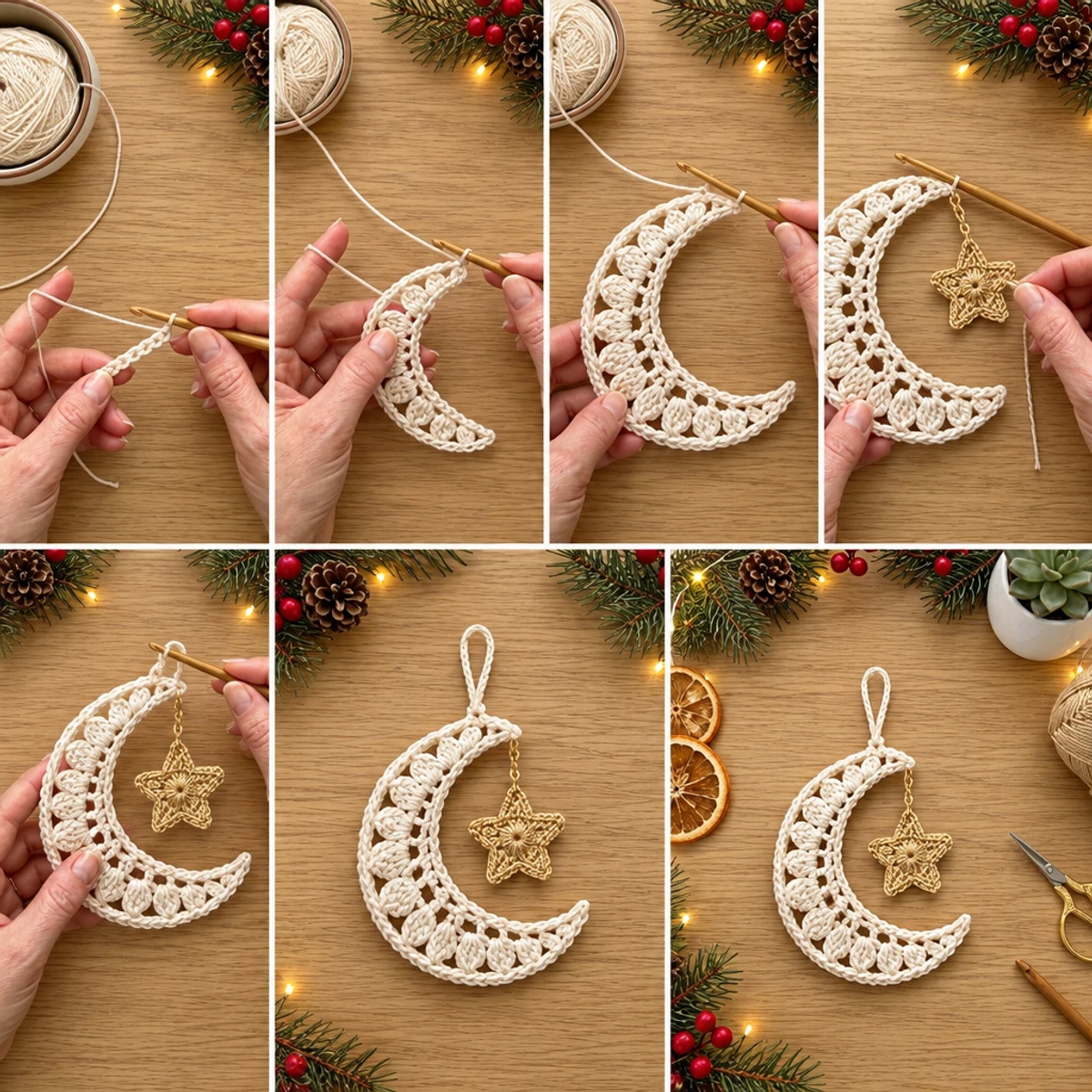 Crochet Crescent Moon and Golden Star Christmas Ornament Tutorial article image 3