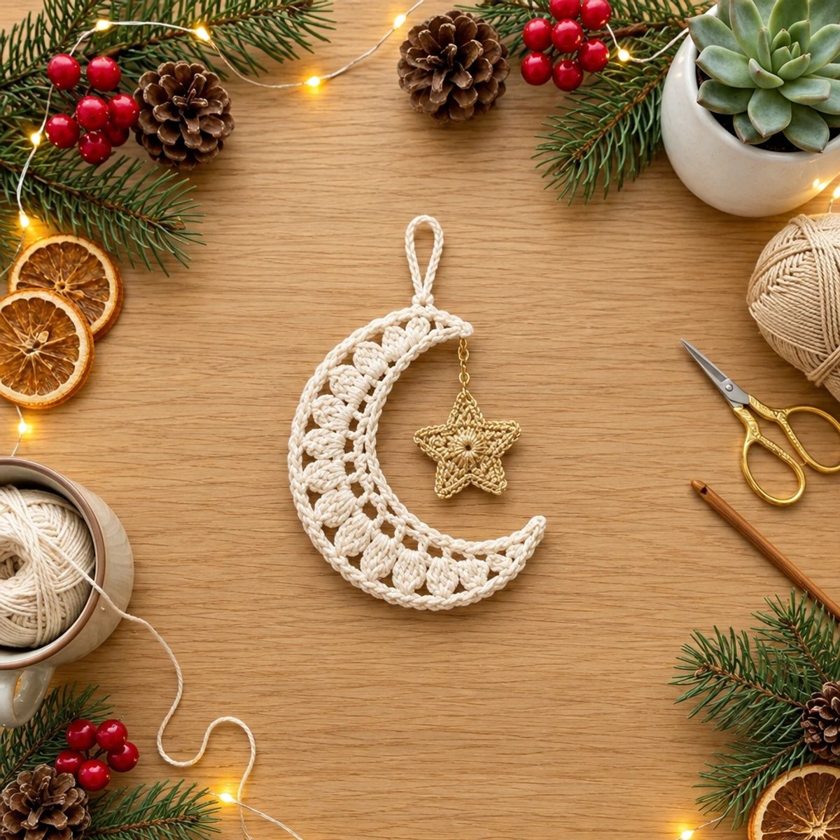 Crochet Crescent Moon and Golden Star Christmas Ornament Tutorial article image 4