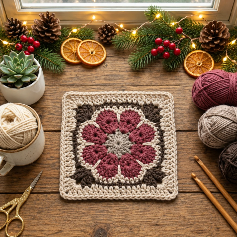 Cozy Eight-Petal Burgundy Flower Granny Square Tutorial