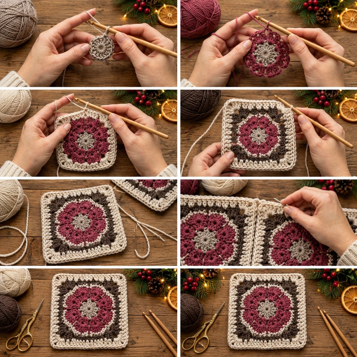 Cozy Eight-Petal Burgundy Flower Granny Square Tutorial article image 3