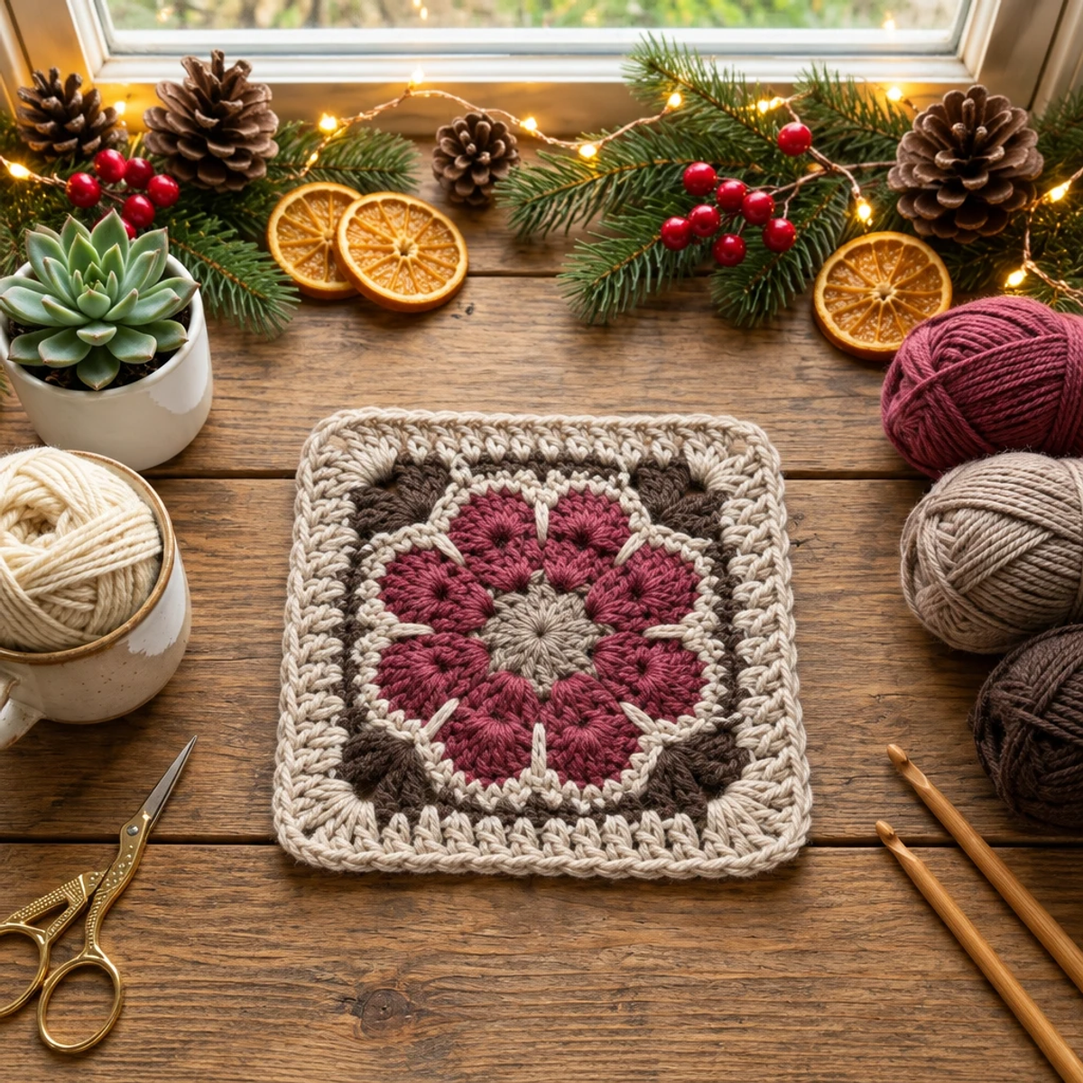 Cozy Eight-Petal Burgundy Flower Granny Square Tutorial article image 4
