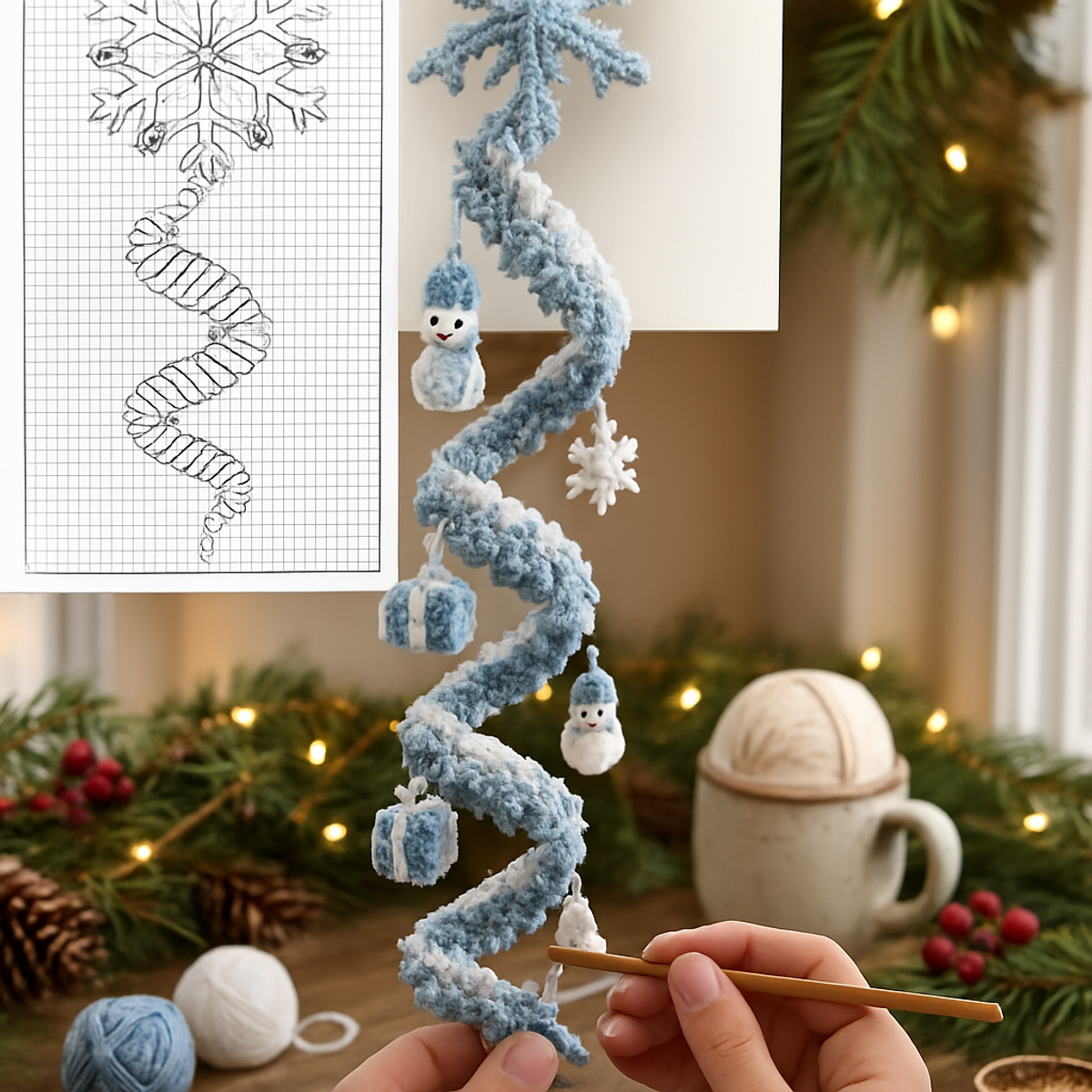 Icy Christmas Crochet Spiral Hanging Garland for Festive Charm