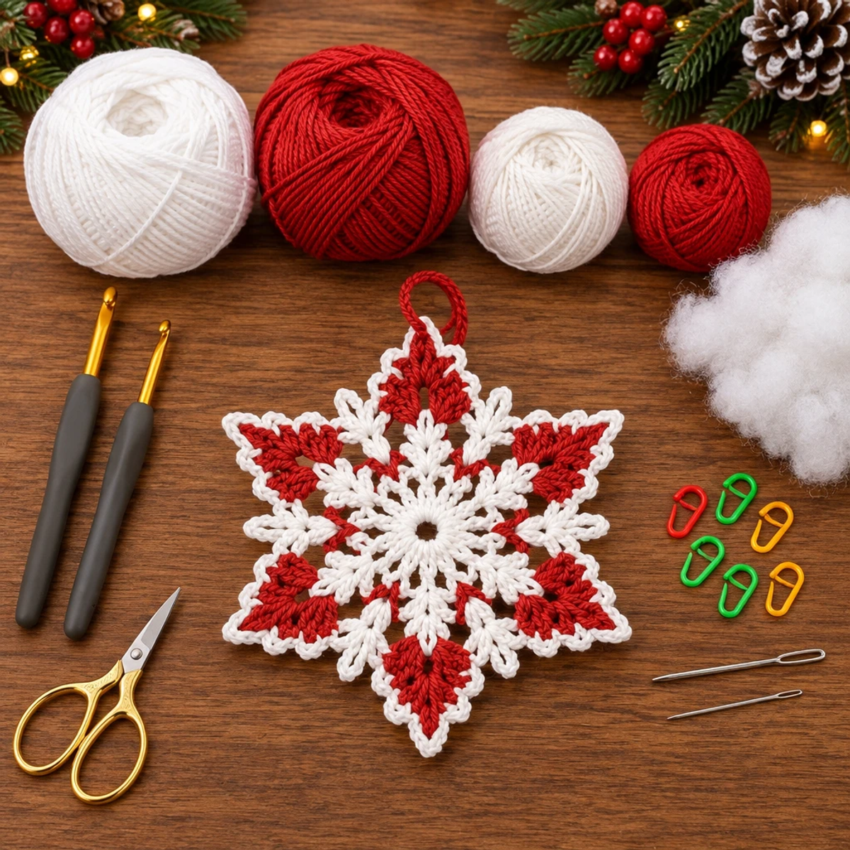 Cozy Red and White Christmas Snowflake Crochet Ornament article image 2
