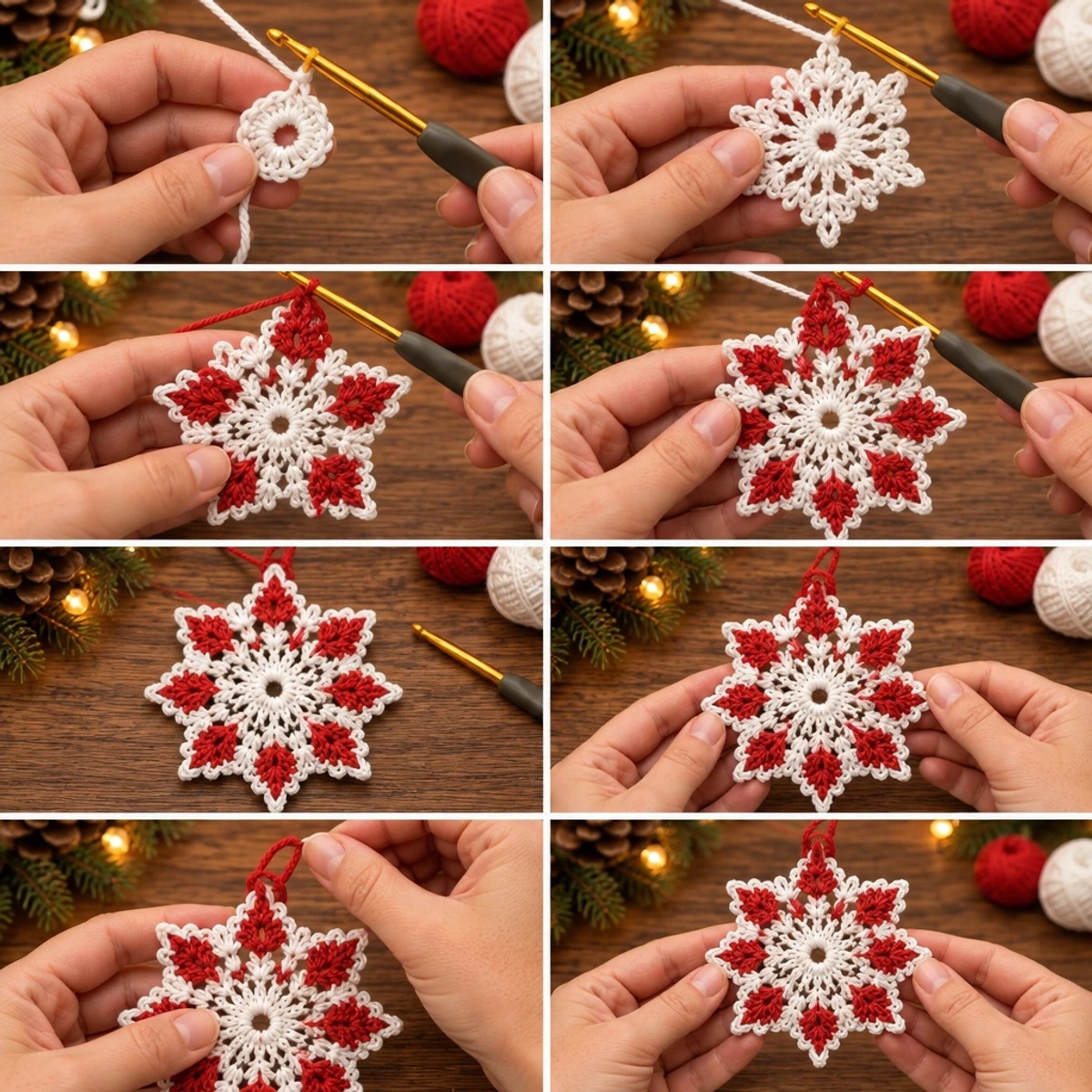 Cozy Red and White Christmas Snowflake Crochet Ornament article image 3