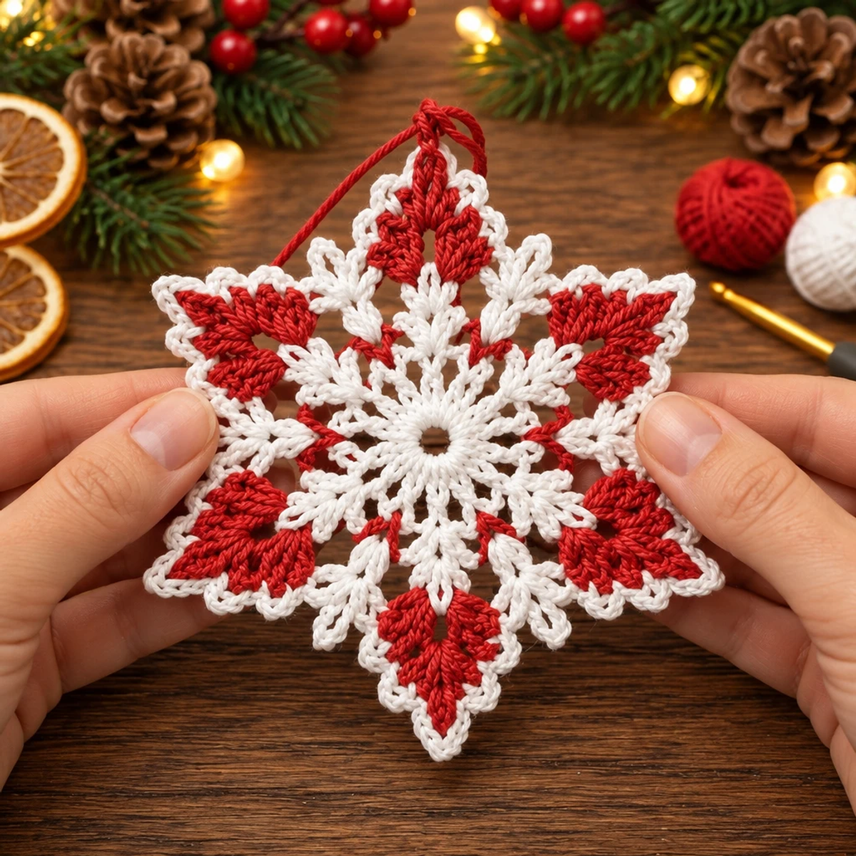 Cozy Red and White Christmas Snowflake Crochet Ornament article image 4